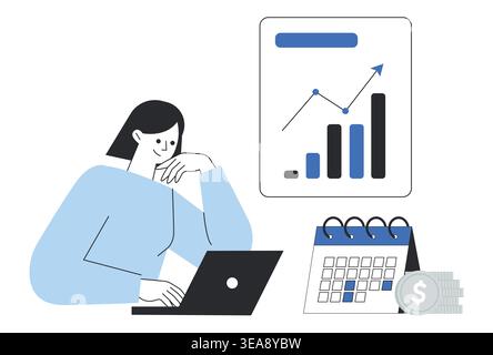 Woman sitting on floor using laptop to manage monthly budget and financial goals next to large calendar. Stock Vector
