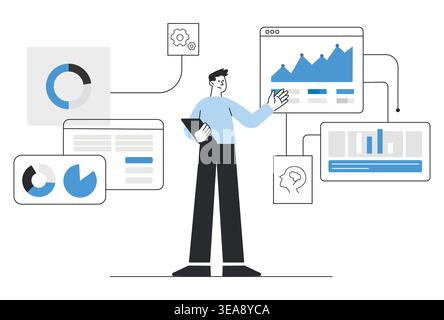 Man managing digital data dashboards with growth charts and statistical financial information. Stock Vector