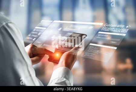 A business professional interacts with a smartphone displaying holographic elements, illustrating modern digital communication and innovative Stock Photo