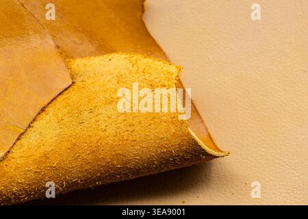 Yellow leather texture close-up, natural grain luxury material background Stock Photo