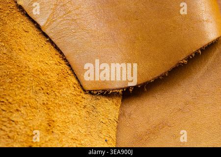 Yellow leather texture close-up, natural grain luxury material background Stock Photo