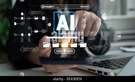 Digital Interface Showcasing Artificial Intelligence with User Interaction and Data Visualization on Modern Workspace Quark. Stock Photo