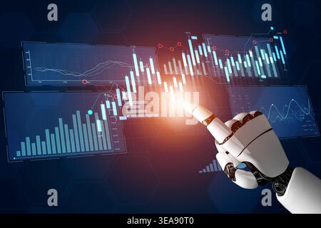 A sleek robotic hand touches glowing digital graphs, showcasing advanced technology in data visualization and artificial intelligence trends in a Stock Photo