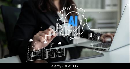 Business Professional Using Technology with Artificial Intelligence Concept Illustrating Future Innovation in Office Environment Quark. Stock Photo