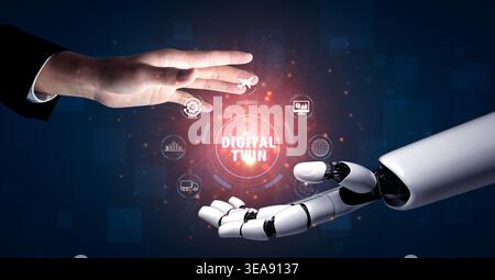 Human and Robot Hands Reaching Out to Each Other Symbolizing Digital Twin Technology and Advanced Human-Robot Collaboration in a Futuristic Stock Photo