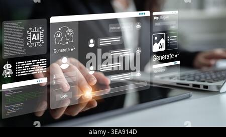 Detailed view of a modern digital interface displaying various elements of AI technology, emphasizing user interaction, productivity, and innovative Stock Photo