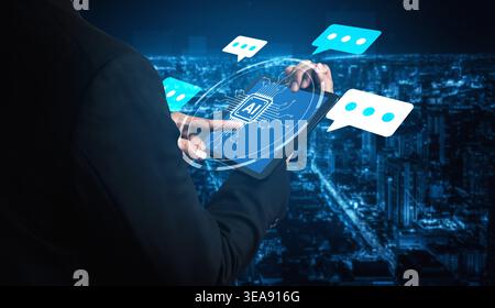 A businessman engages with a high-tech AI interface featuring chat bubbles against a nighttime city background, symbolizing modern communication and Stock Photo