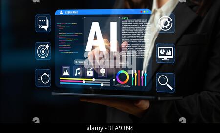 Futuristic Digital Interface Displaying Artificial Intelligence Concepts with Data Charts and Communication Icons in a Professional Setting Quark. Stock Photo