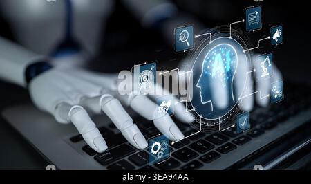 Futuristic Robot Hand Interacting with Advanced Artificial Intelligence Interface on Laptop Screen in Dark Environment Sigmoid Stock Photo
