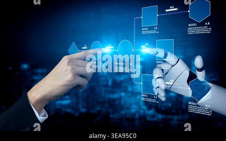 Human and Robot Interaction with Futuristic Technology Visuals Representing Data Processing and Advanced Models in a High-Tech Environment Quark. Stock Photo