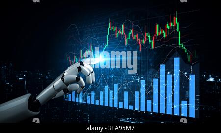A robotic hand engages with vibrant financial graphs and digital data, symbolizing the intersection of advanced technology and modern finance in a Stock Photo