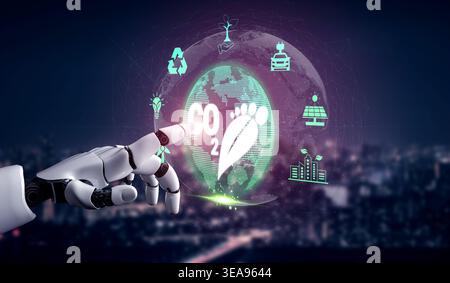 Futuristic Robot Hand Touching Digital Earth with Environmental Icons Representing Sustainability and Green Technologies in a Modern Cityscape Quark. Stock Photo