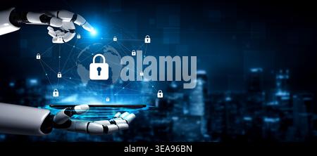 A robotic hand interacts with a digital display showcasing global security icons, emphasizing technology role in modern safety and privacy solutions Stock Photo