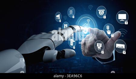 A futuristic robotic hand interacts with digital security icons, emphasizing the intersection of technology, data protection, and user accessibility Stock Photo