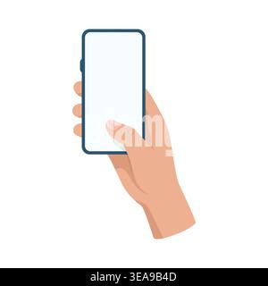 Hand Holding Smartphone with Finger Touching Screen, Vector Illustration. Mobile Phone UI Gesture. Touchscreen Interaction Concept. App Interface Stock Vector