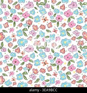 Seamless pattern simple pastel flowers children's drawing with crayons. Hand drawn. Not AI, vector illustration. Stock Vector