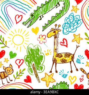 Children's cheerful background seamless pattern from children's drawings . Hand drawn. Not AI, vector illustration. Stock Vector