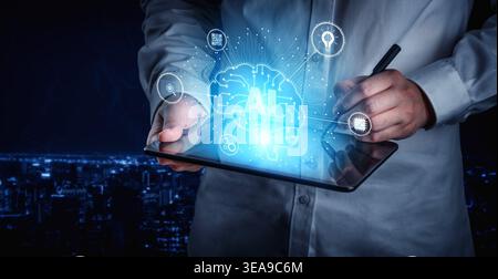 Artificial intelligence models neural signals for deep learning and cognitive computing. Train artificial intelligence to improve recognition Stock Photo