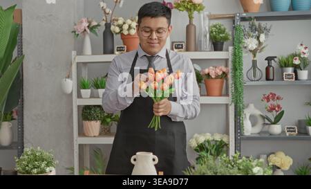 Man florist arranging orange tulips with hands into a ceramic vase in a studio setting, wearing apron and glasses; calm concentration. Stock Photo