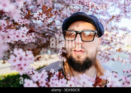 Close Up Bearded European Man In Glasses Among Cherry Blossom Branches Stock Photo