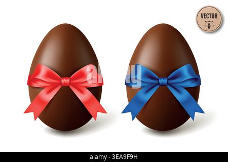 Vector 3d Chocolate Easter Eggs with Red and Blue Satin Bows, Isolated. Sweet Holiday Gift Illustration. Festive Spring Dessert Decoration. Candy Stock Vector