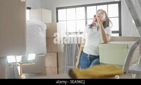 Woman holds packing tape to chin beside stacked cardboard boxes and bubble wrap near ladder in building; quiet contemplation. Stock Photo