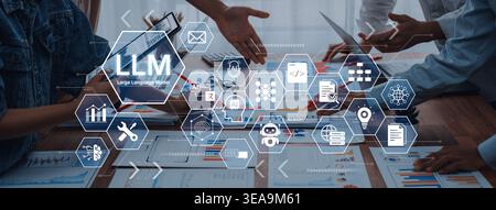 Large Language Model LLM processing data. Represents deep text learning, natural language processing NLP AI tech, transformer architecture, and Stock Photo
