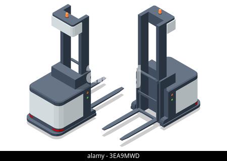 Isometric view of two autonomous robotic forklifts for warehouse logistics. The illustration shows a modern high-reach loader machine for efficient Stock Vector
