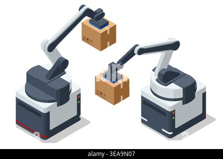 Isometric illustration of two industrial robotic arms lifting cardboard box packages. Design represents modern factory automation and smart warehouse Stock Vector