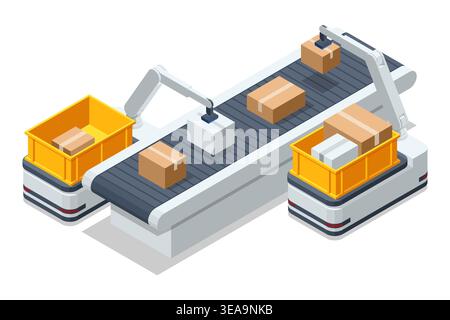 An isometric diagram of an automated packing and distribution station. Two robot arms on a dual-track conveyor sort boxes between yellow crates, which Stock Vector
