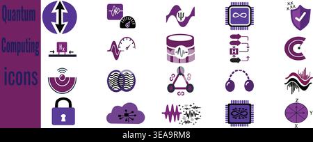 Stylized quantum computing icons in purple black, and white, depicting qubit entanglement gates security cloud networks Stock Vector