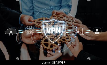 A conceptual image depicting hands collaborating around a virtual private network graphic, emphasizing teamwork in securing digital communication and Stock Photo