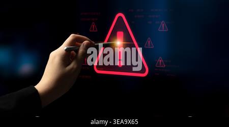 Cybersecurity alert warning showing red cyber for data breach, network threat, and cyber security system vulnerability with emphasis on security risk Stock Photo