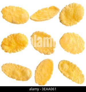 Golden corn flakes isolated on white, collage Stock Photo