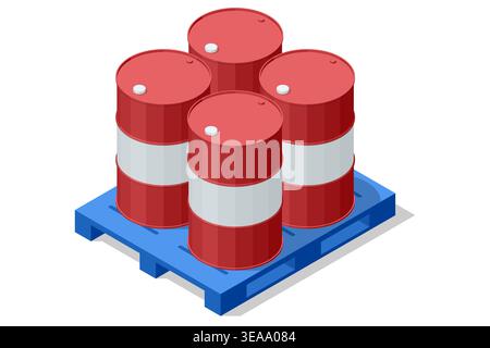 Isometric oil barrel set on blue pallet in warehouse storage environment. Industrial cargo concept shows drum handling, hazardous freight placement Stock Vector