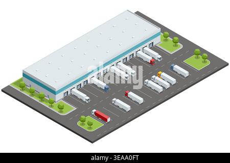 Isometric illustration of a large modern industrial warehouse building with blue doors. This vector design shows a professional logistics center for Stock Vector
