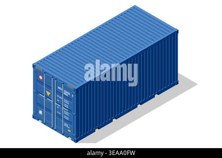 Isometric illustration of a standard blue metal sea container for international freight transport. A clean icon for global logistics, shipping, and Stock Vector