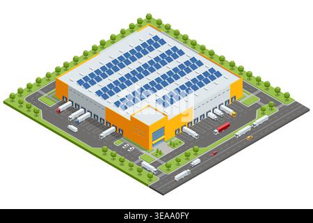 Isometric view of a logistics center building with open docks and loading ramps. This illustration depicts a smart industrial facility for efficient Stock Vector