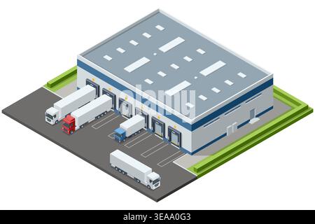 Isometric Warehouse Logistic Interior Storage Room Factory. Semi trailer truck. Cargo Truck transportation, delivery, boxes. Fast delivery or logistic Stock Vector