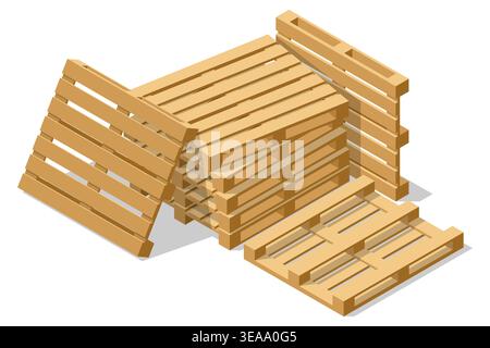 Isometric wooden pallet stack isolated on white background. Warehouse supply concept presents cargo support platform, storage equipment, freight base Stock Vector
