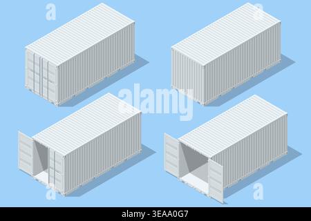 Isometric illustration of a standard metal sea container for international freight transport. A clean icon for global logistics, shipping, and Stock Vector