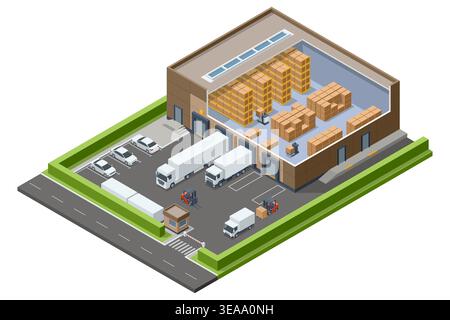 Isometric view of a logistics center building with open docks and loading ramps. This illustration depicts a smart industrial facility for efficient Stock Vector
