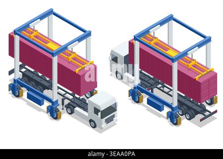 Detailed isometric illustration of a massive port gantry crane for container handling. This vector design represents maritime logistics, sea port Stock Vector