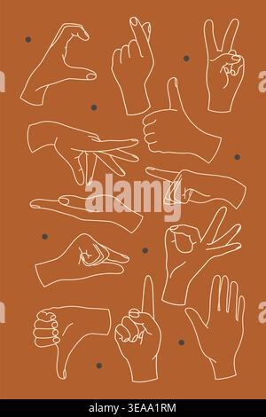 Hand Gestures Line Art Set on Orange Background Stock Vector