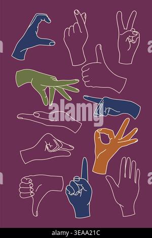 Colorful Hand Gestures Set on Purple Background Stock Vector