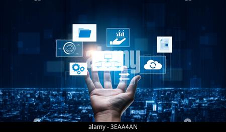 Digital business infrastructure with data system, analytics, sync. System management improves access, system management ensures performance, and Stock Photo