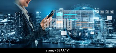 Digital visualization of multiple project timelines with progress tracking, documents, and team collaboration symbols Parse Stock Photo