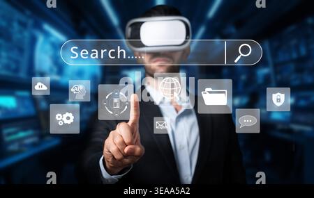 A professional in virtual reality interacts with a search engine interface, exploring concepts of online marketing and SEO analysis within a tech Stock Photo