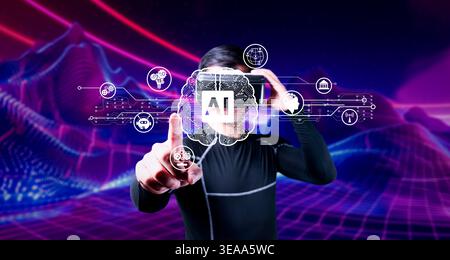 This stock image captures a futuristic view of artificial intelligence, showcasing virtual interaction and digital elements that represent technology Stock Photo
