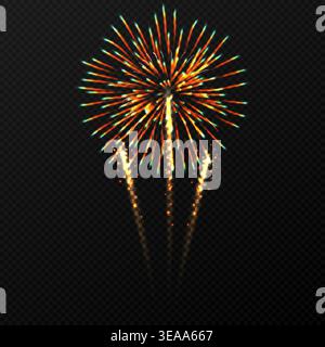 Vivid colorful fireworks burst in a dark night sky, sending golden sparks and glowing trails in a festive display perfect for celebrations, holidays. Stock Vector